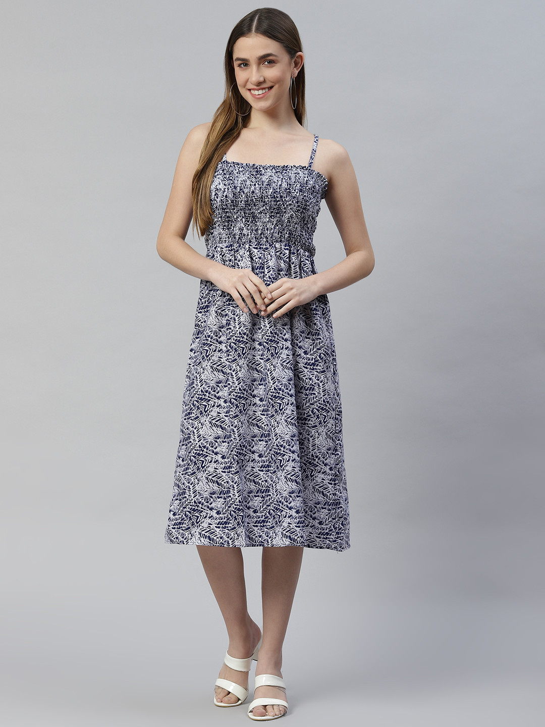VARUSHKA Blue & White Tropical Crepe Midi Dress