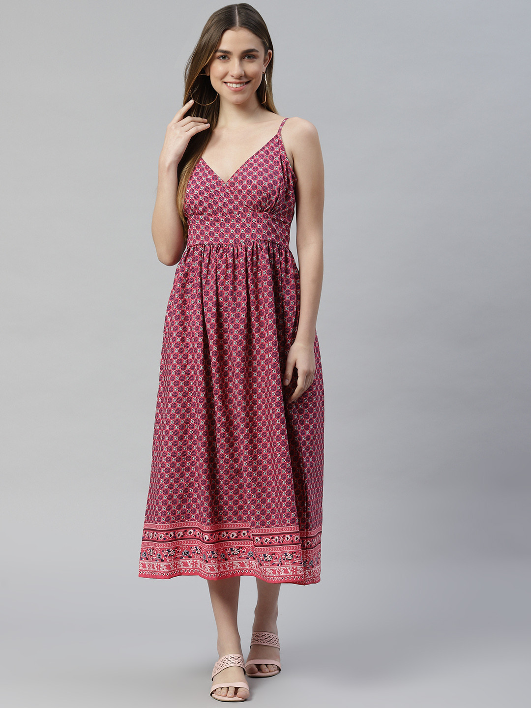 VARUSHKA Pink & White Crepe Midi Dress