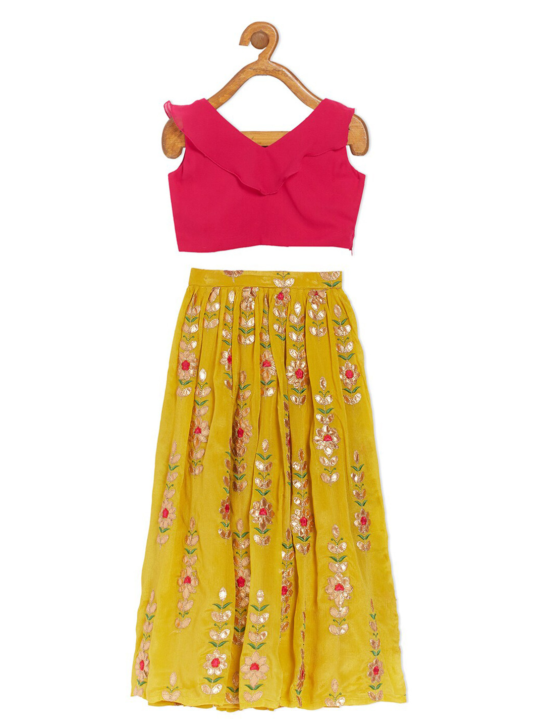Ethnovog Girls Pink  Yellow Ready to Wear Lehenga  Blouse