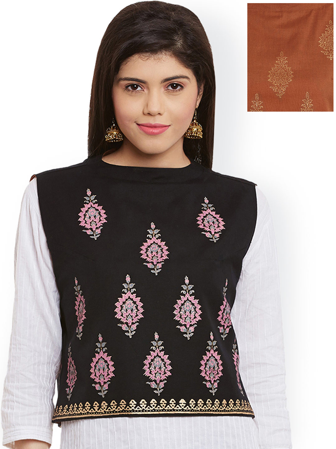 Bitterlime Black & Brown Reversible Block Print Waistcoat