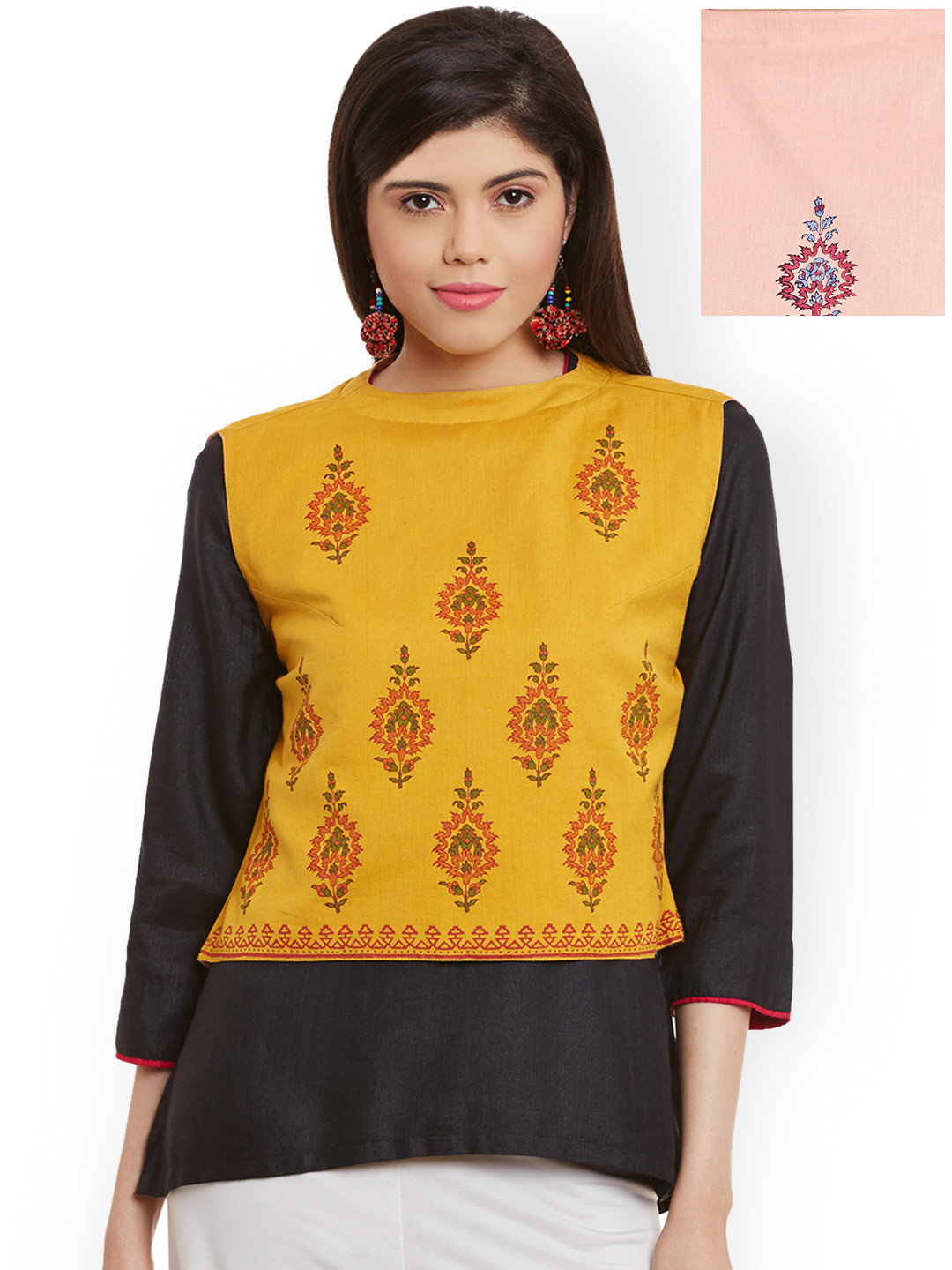 Bitterlime Mustard Yellow & Peach-coloured Reversible Block Print Waistcoat