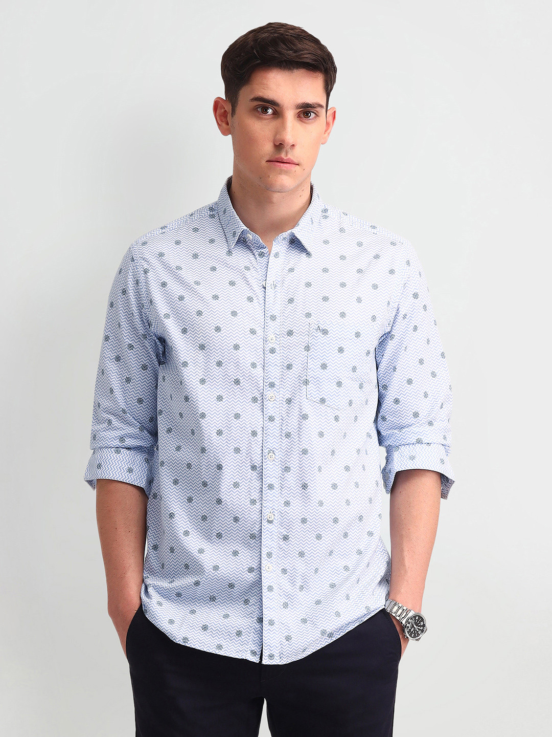 Arrow Men Blue Printed Pure Cotton Casual Shirt