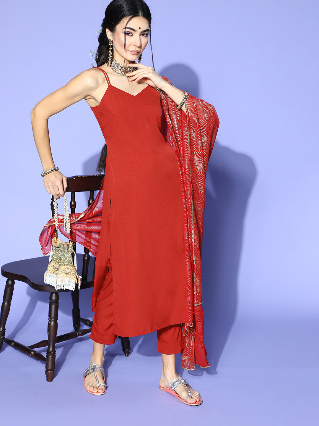 Janasya Women Solid Kurta with Pant and Dupatta