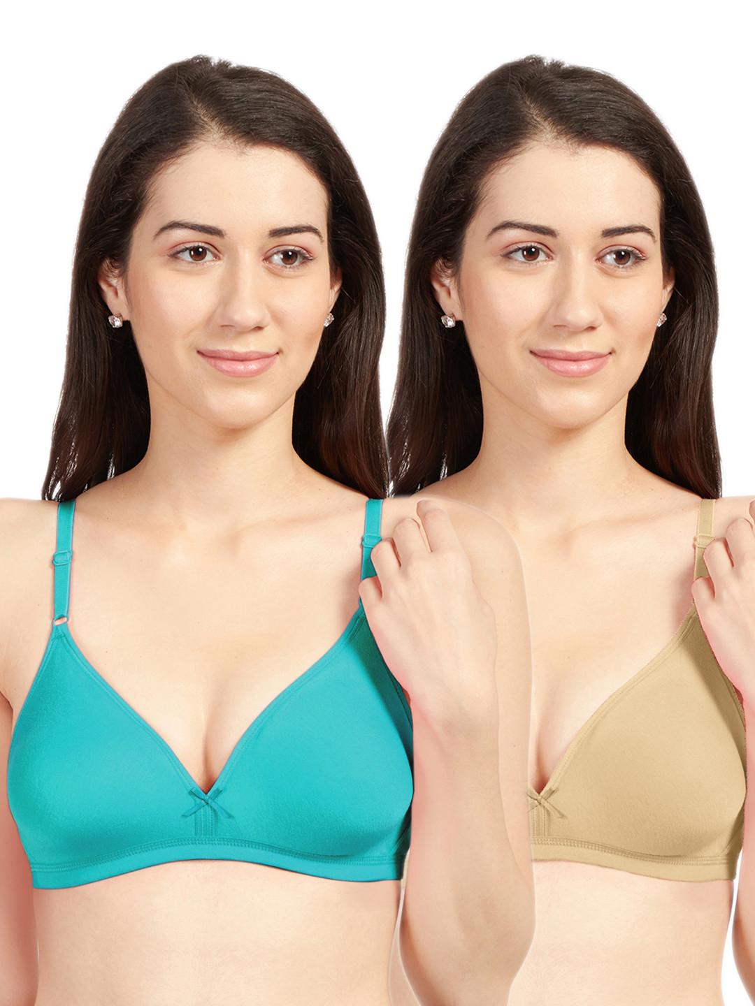 Sonari Pack Of 2 Green & Nude-Coloured Cotton Blend Everyday Bras omaniagreennude30B