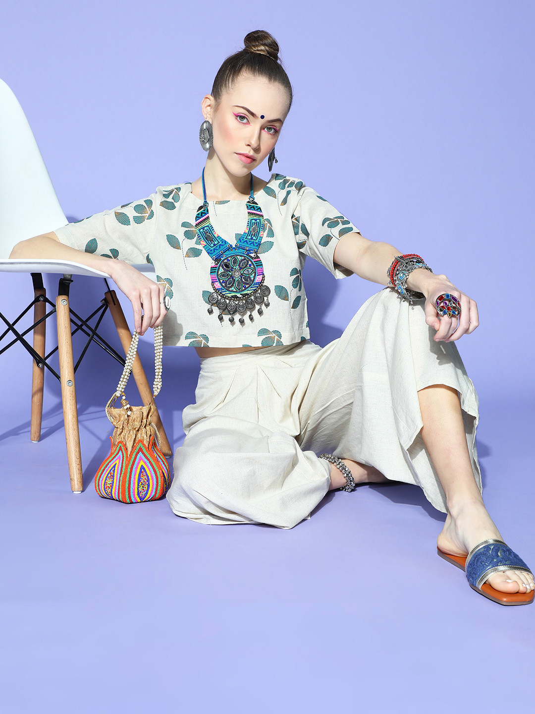 Janasya Women Classic Cream Printed Top with Solid Palazzos