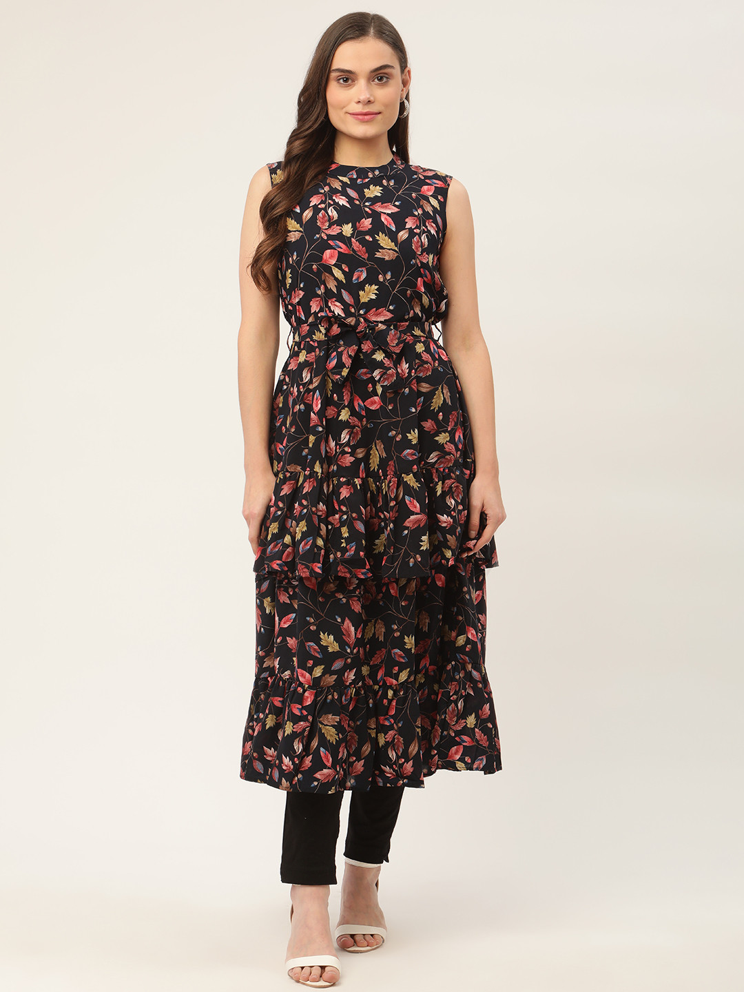 Jompers Women Navy Blue & Pink Floral Printed Floral Anarkali Kurta