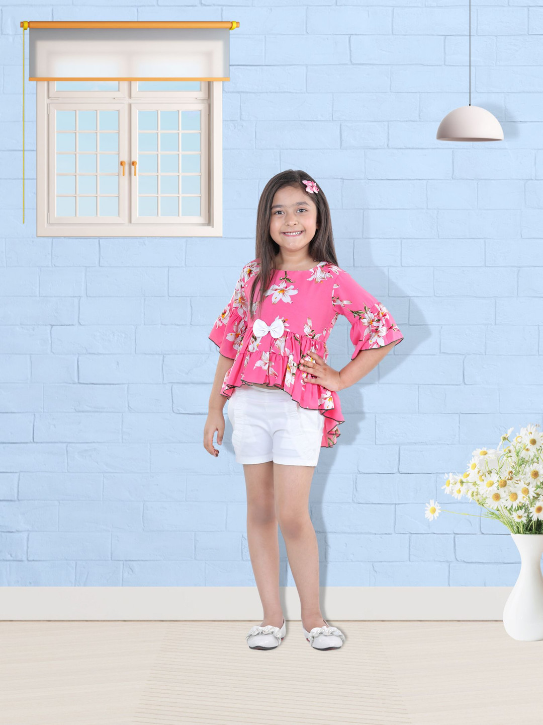 Cutiekins Girls Pink & White Printed Top with Shorts
