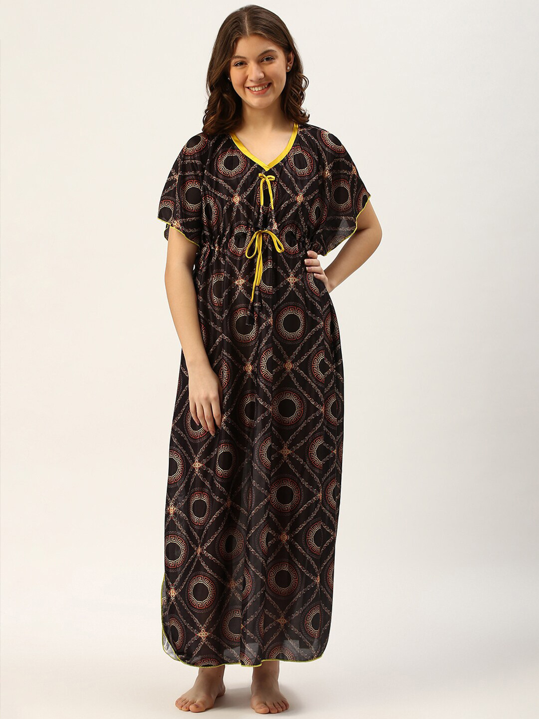 TRUNDZ Brown Printed Maxi Kaftan Nightdress