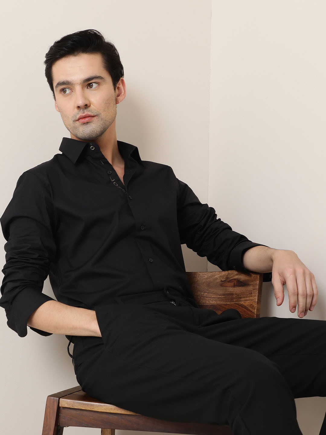 RARE RABBIT Men I Love U Black Custom Slim Fit Shirt