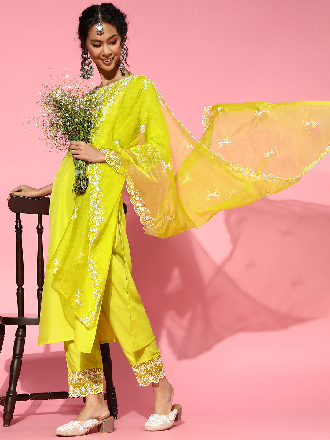 Indo Era Lime Green Silk Blend Scalloped Edge Kurta Set