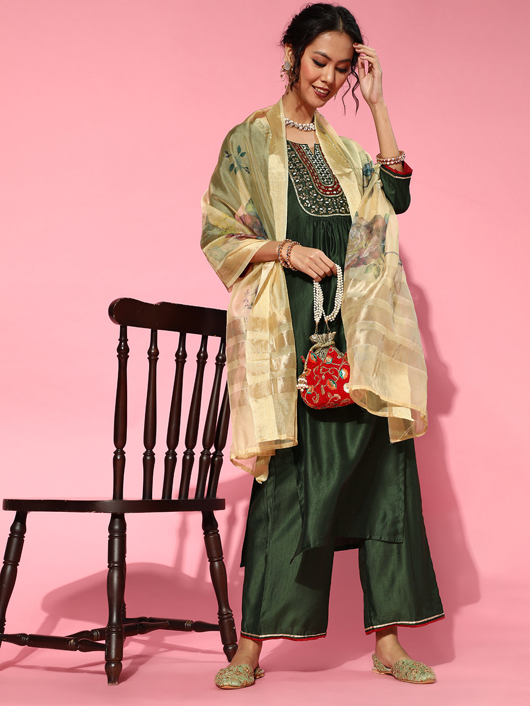 Indo Era Green Silk Blend Calf Length Kurta Set