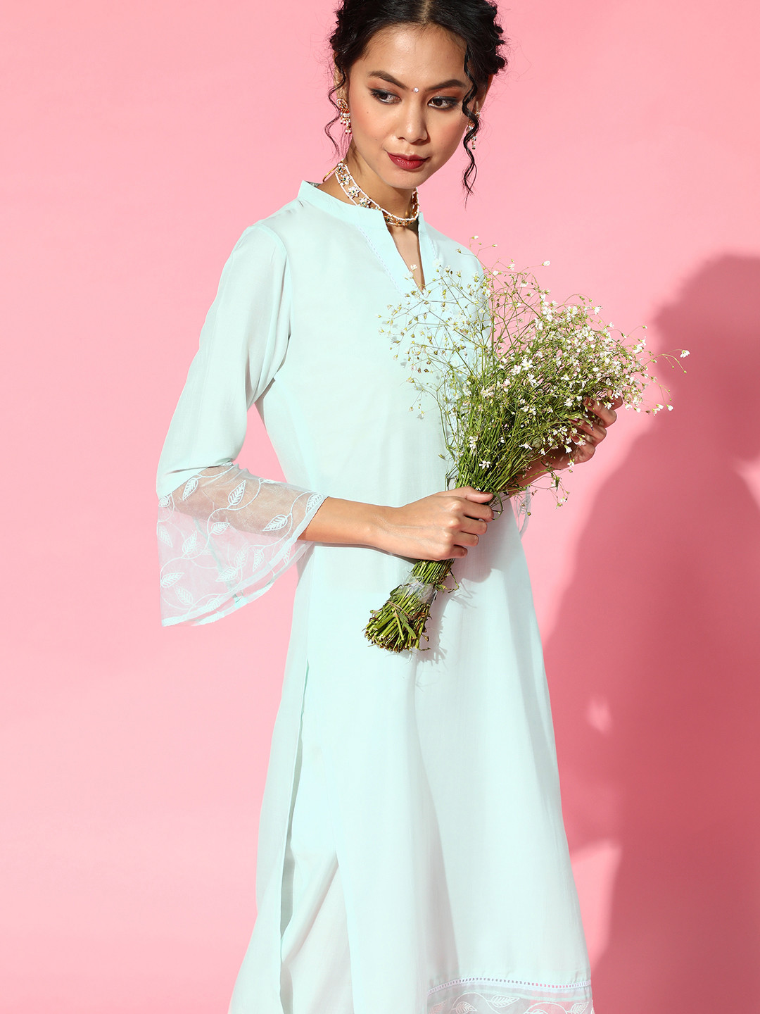 Indo Era Blue Silk Blend Mandarin Collar Kurta Set