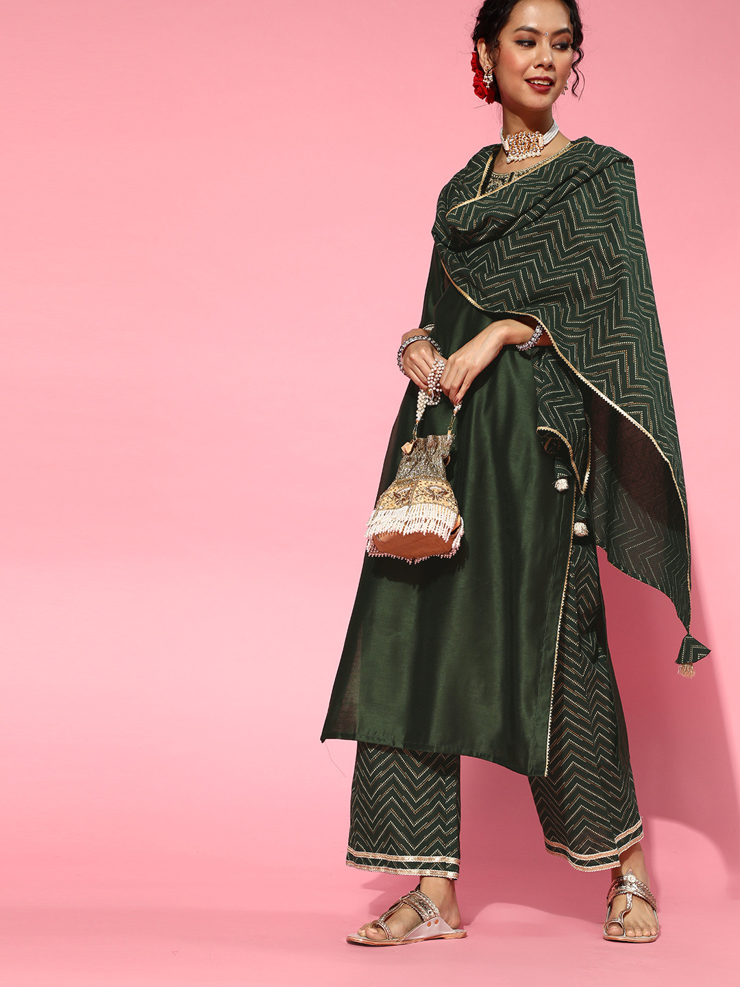 Indo Era Green Liva Calf Length Kurta Set
