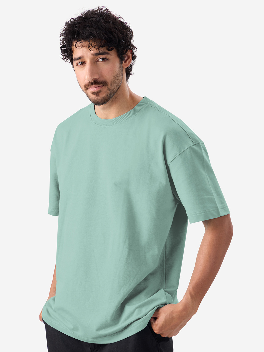 The Souled Store Men Sage Green Solid Round Neck Oversized T-Shirt