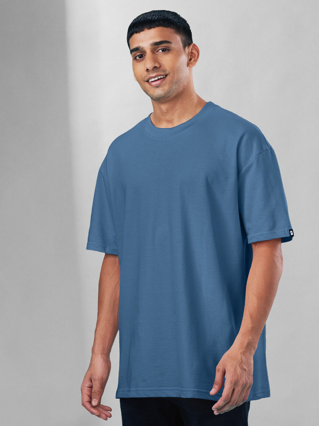 The Souled Store Men Solid Blue Cotton Oversized Fit T-Shirts