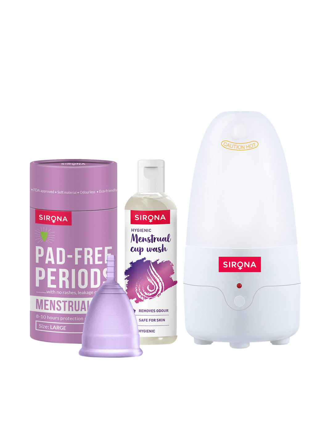 Sirona Set of 3 Purple Menstrual Cup with Menstrual Cup Wash & Sterilizer 100 Ml