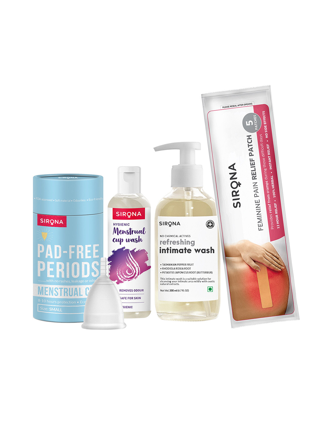 Sirona Set of 4 Menstrual Cup Small - Cup Wash - Period Pain Patches & Intimate Wash