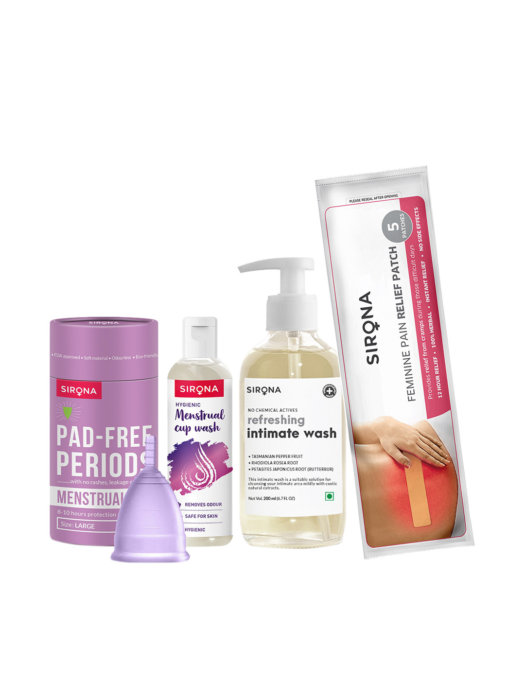 Sirona Set of 4 Menstrual Cup Large & Cup Wash - Period Pain Patches - Intimate Wash