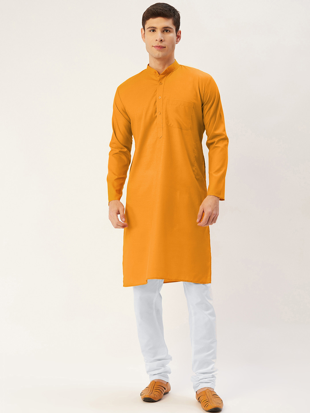 Jompers Men Mustard Yellow Solid Regular Pure Cotton Pocket Kurta with Churidar