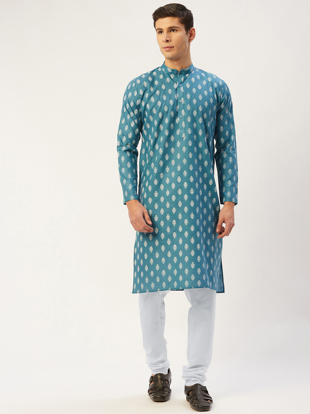 Jompers Men Teal Blue & White Cotton Floral Print Kurta with Churidar