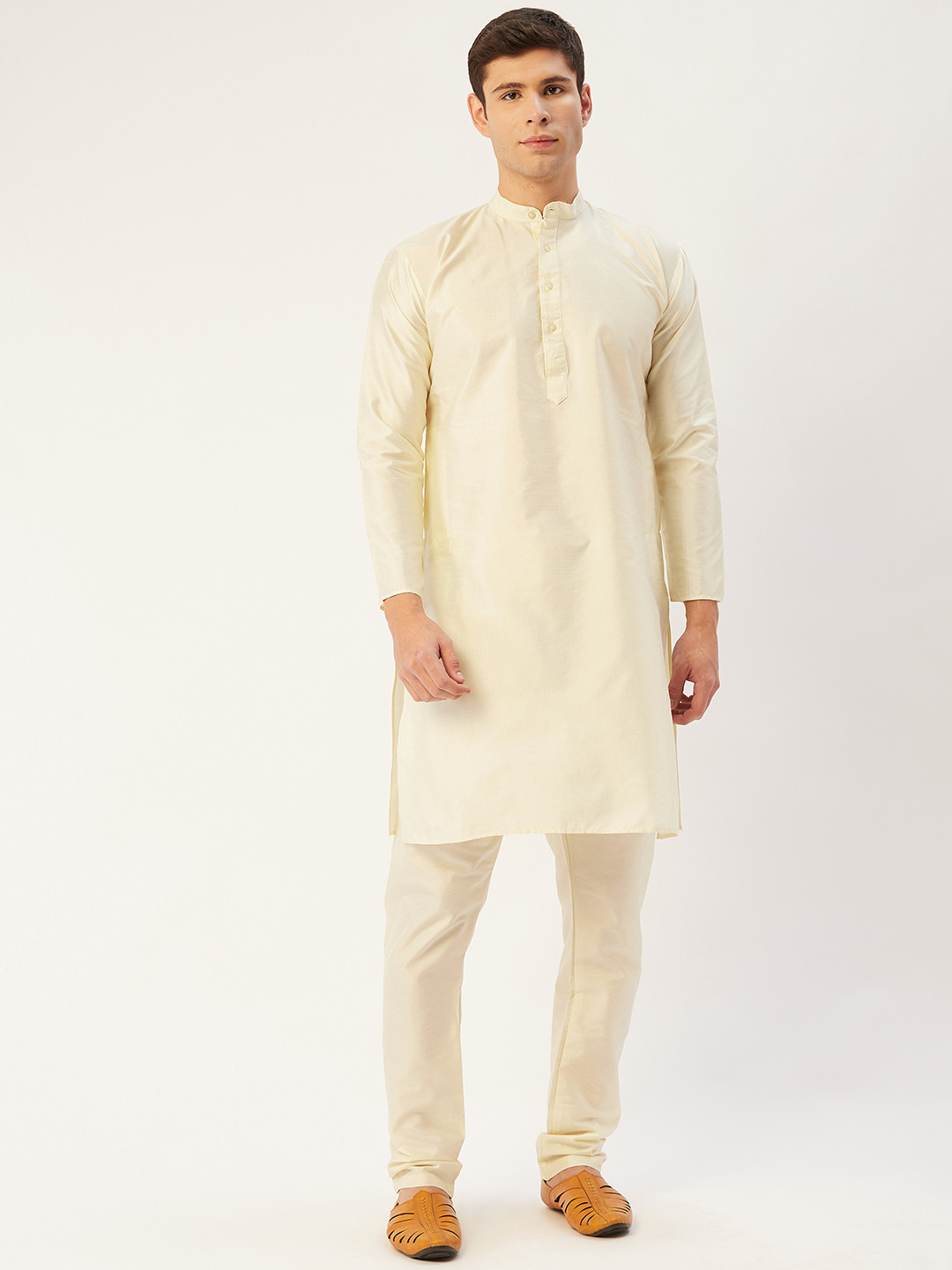 Jompers Men Off-White Solid Dupion Silk Kurta with Churidar