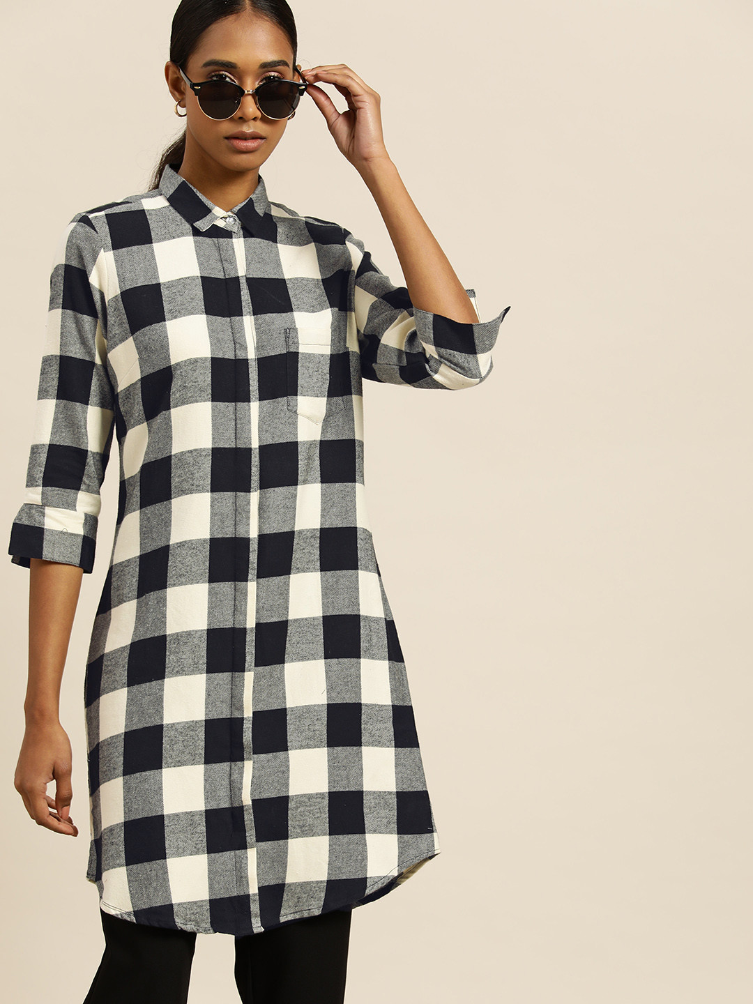 Hancock Women Black & Grey Pure Cotton Relaxed Fit Checked Casual Longline Shirt