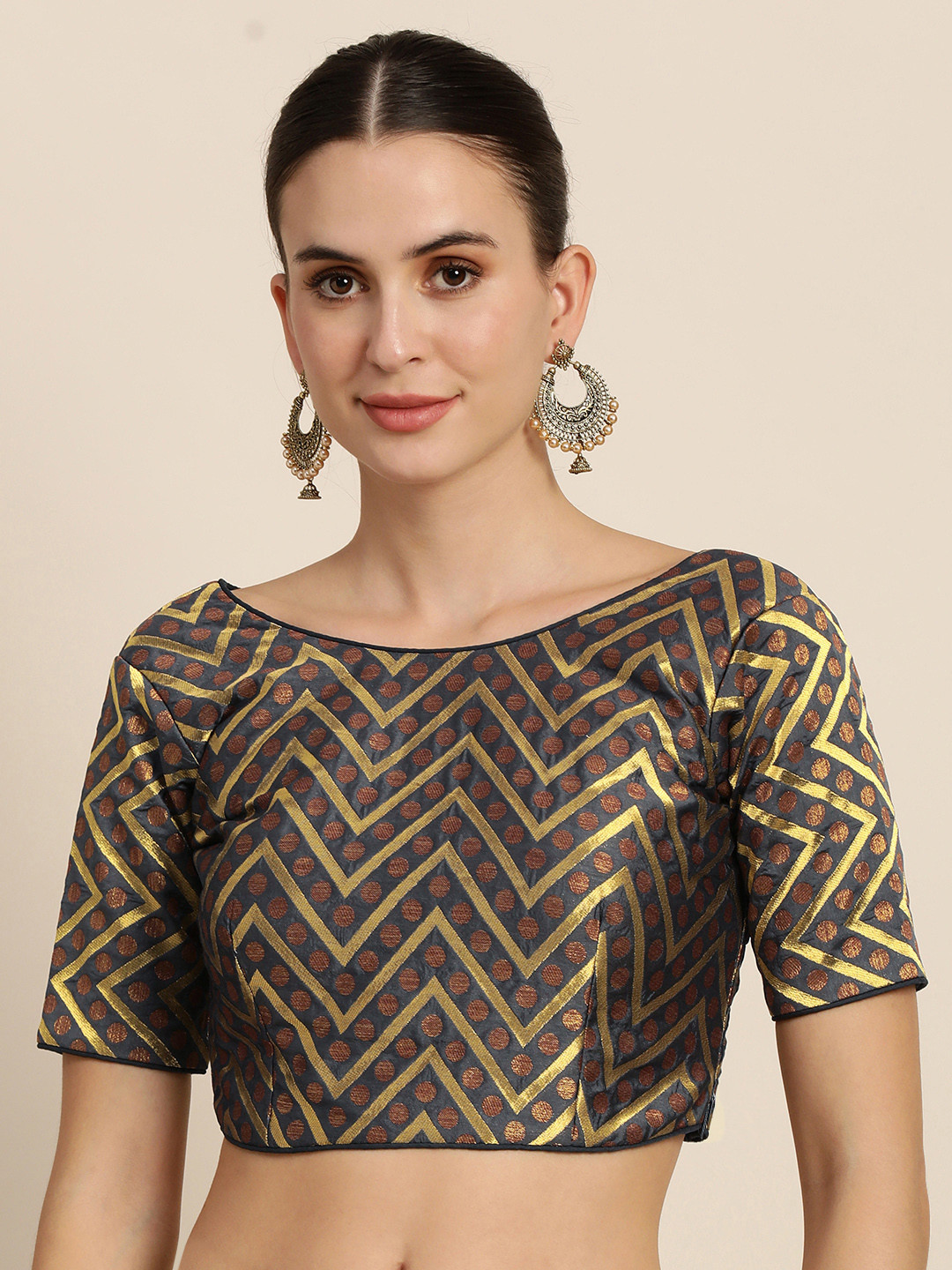 Mimosa Women Charcoal Grey & Golden Woven Design Readymade Saree Blouse