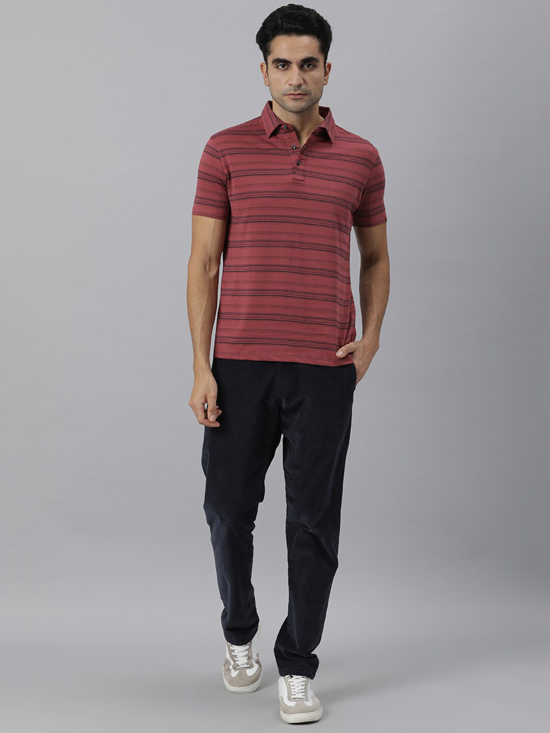 RARE RABBIT Men Neon Striped Polo Collar Pure Cotton Slim Fit T-Shirt