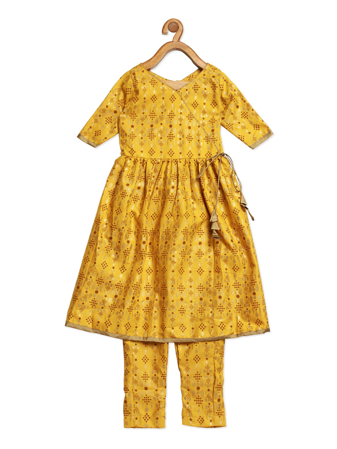 Ethnovog Girls Mustard Yellow  Red Printed Made To Measure Angrakha Kurti with Trousers