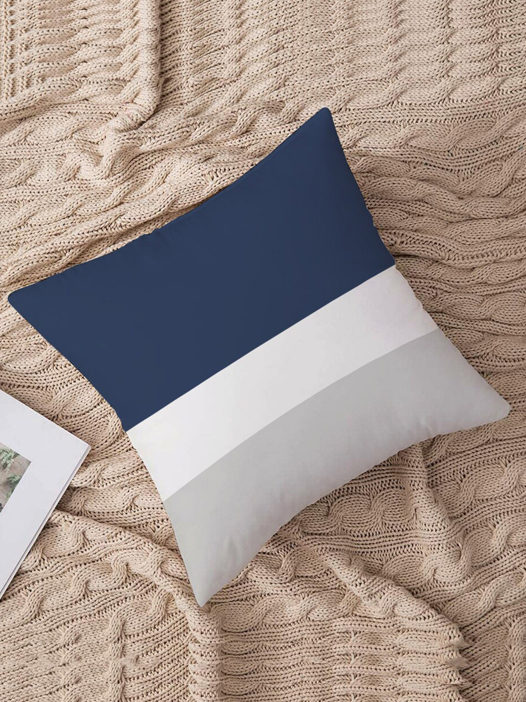 STITCHNEST Set of 1 Blue & Off White Colourblocked 16'' x 16'' Cushion Cover