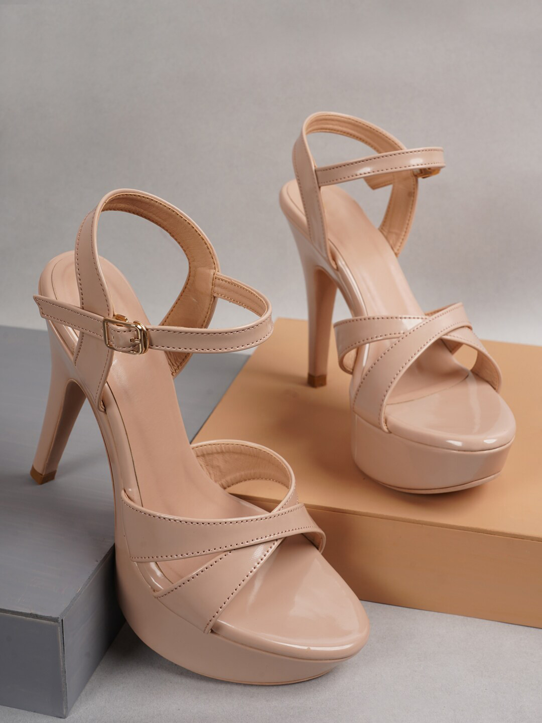 Rubeezz Beige Party High-Top Stiletto Sandals With Buckles