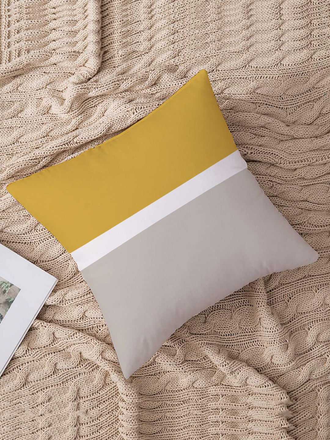 STITCHNEST Set of 1 Yellow & White Colourblocked 16'' x 16'' Cushion Cover