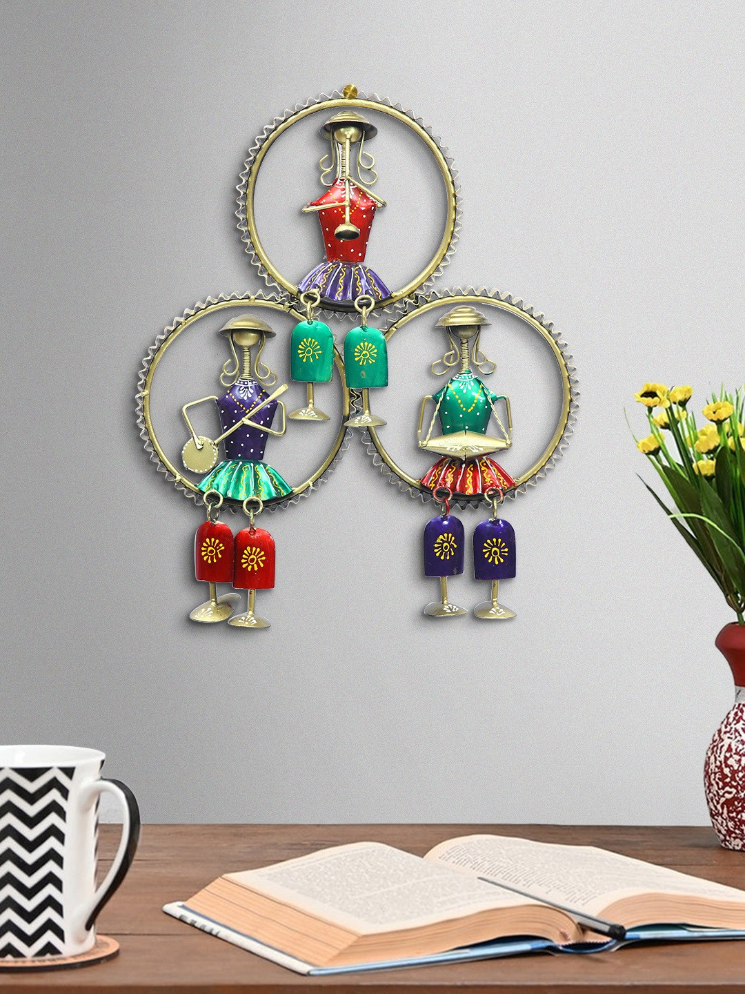 Aapno Rajasthan 3 ring dolls Metal Ethnic Motifs Glossy Hall 3Pcs Wall Hangings-16.1In