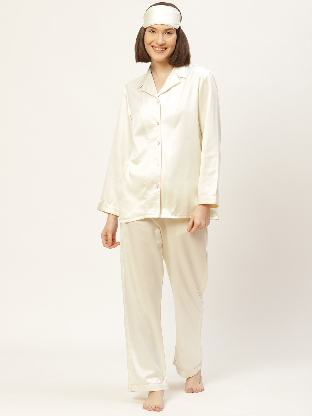 bedgasm Women White Satin Night suit with Eye Mask