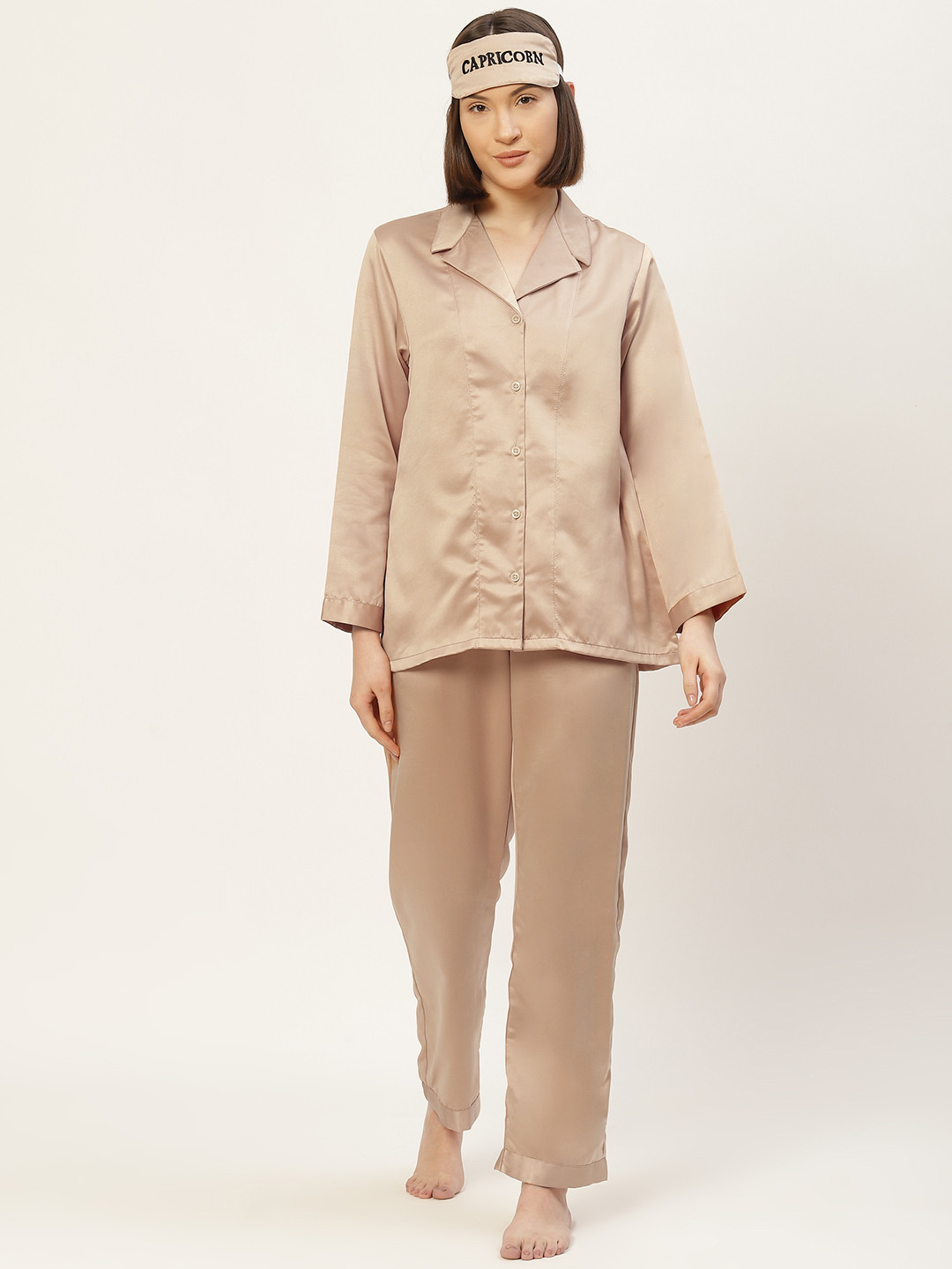 bedgasm Women Beige Satin Night suit with Eye Mask
