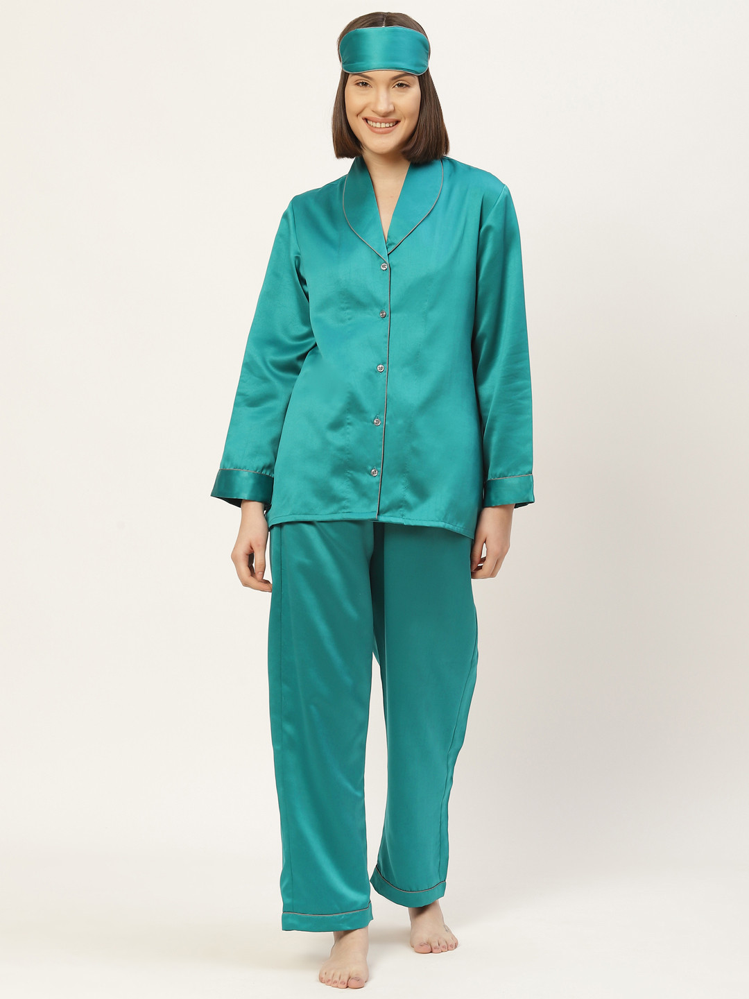 bedgasm Women Teal Blue Satin Night suit with Eye Mask