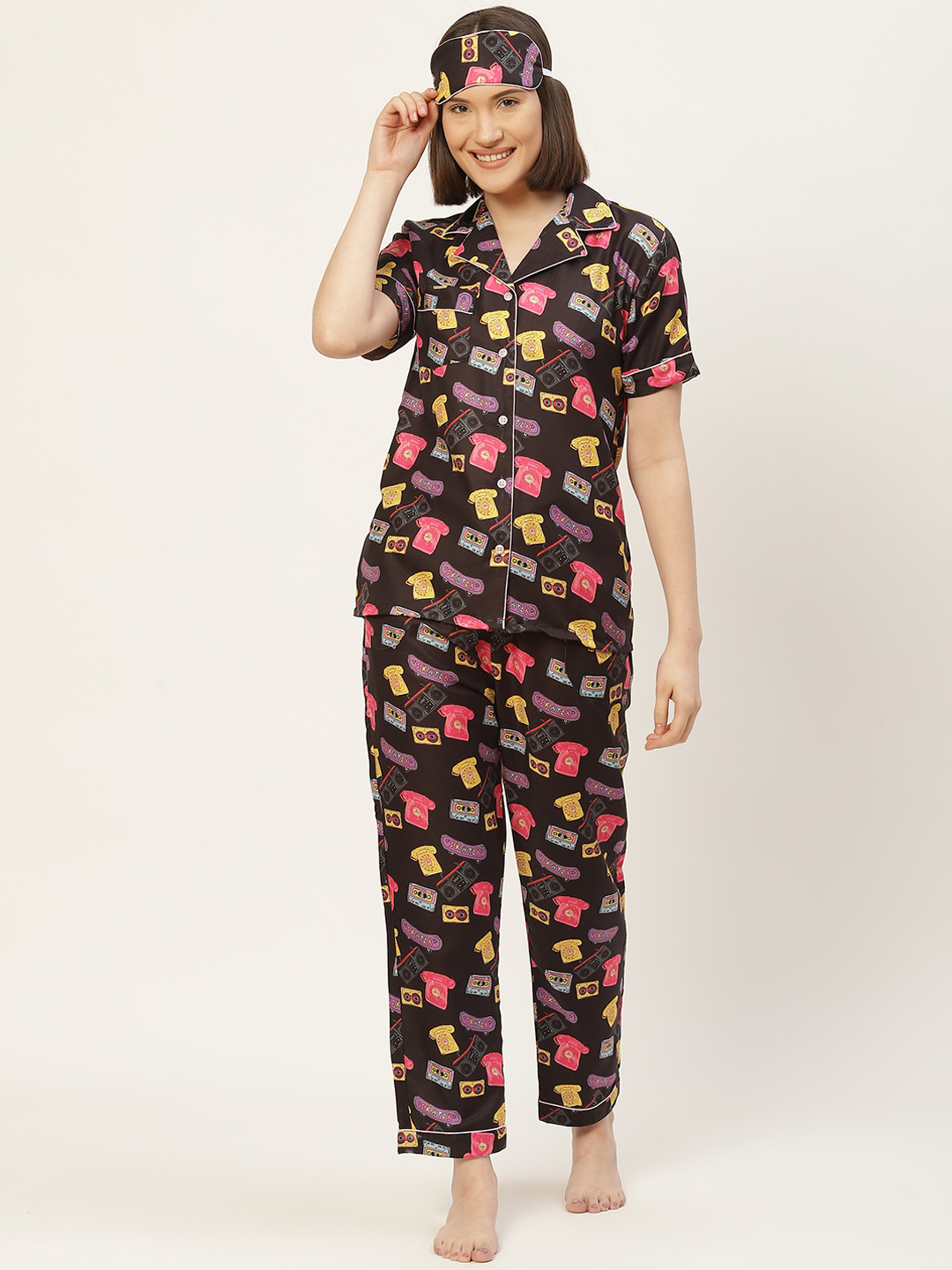 bedgasm Women Black Printed Night suit with Eye Mask