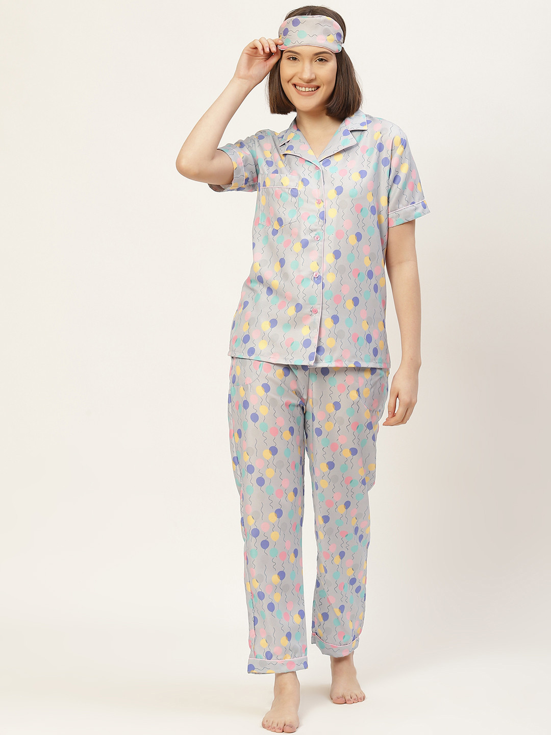 bedgasm Women Grey Printed Night suit with Eye Mask