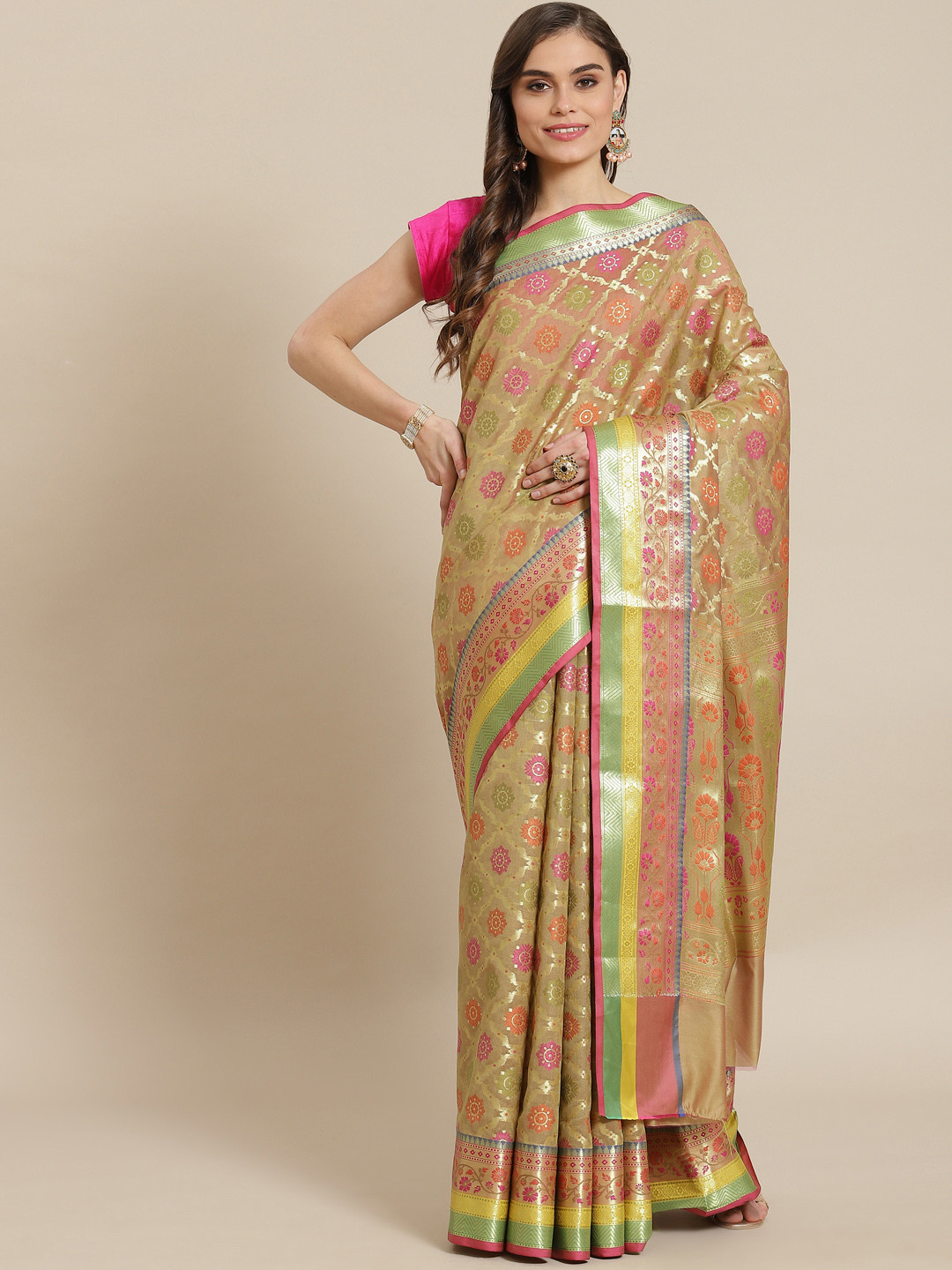 Banarasi Style Women Beige & Golden Silk Blend Woven Design Zari Banarasi Saree