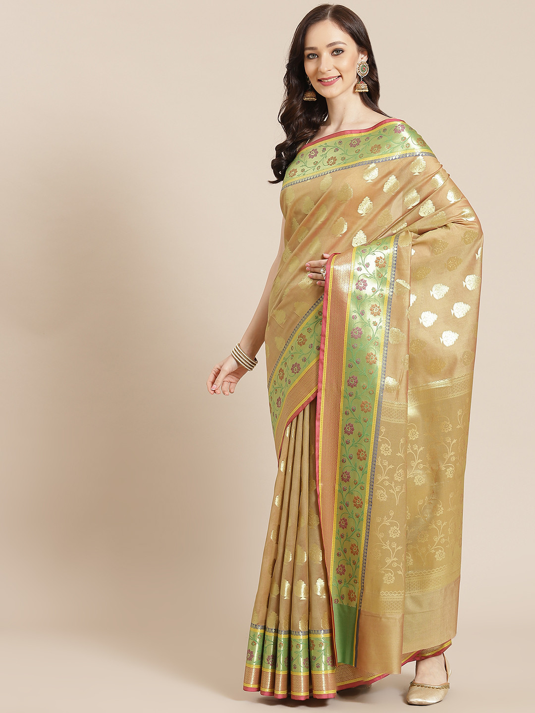 Banarasi Style Beige Ethnic Motifs Silk Blend Banarasi Saree