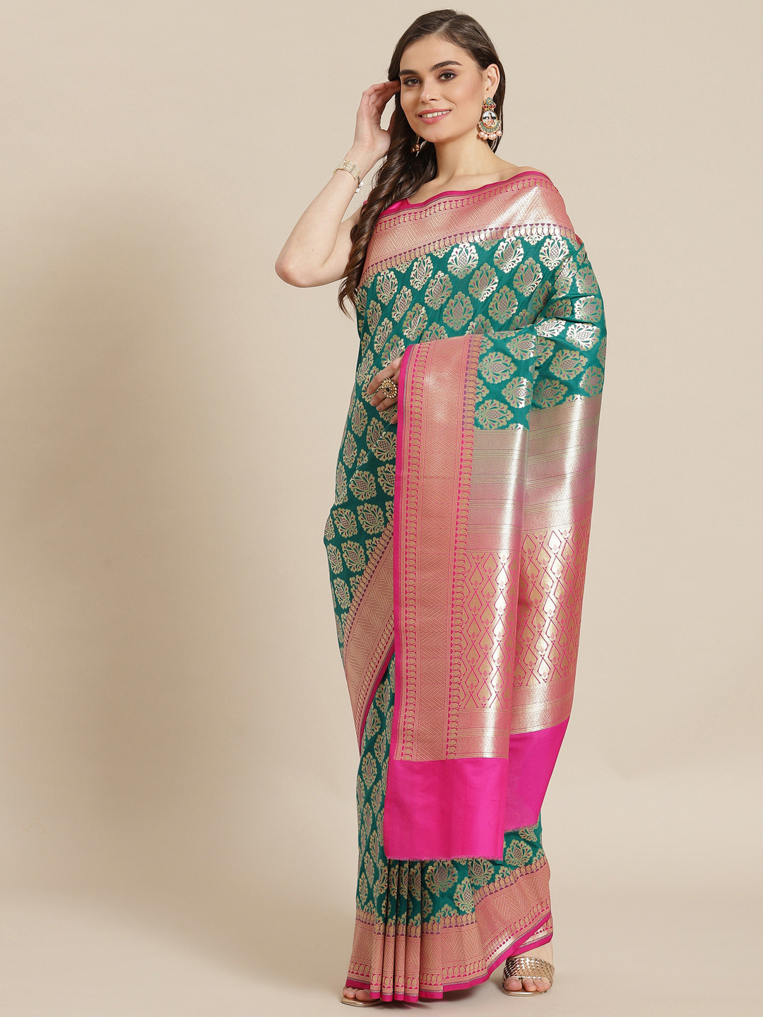 Banarasi Style Women Green & Golden Silk Blend Woven Design Zari Banarasi Saree