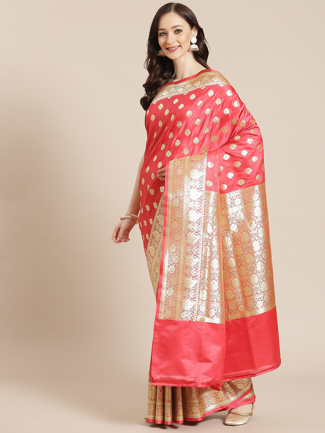 Banarasi Style Women Pink & Golden Woven Design Banarasi Saree