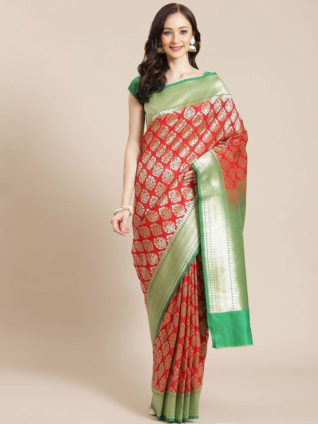 Banarasi Style Women Red & Green Woven Design Banarasi Saree