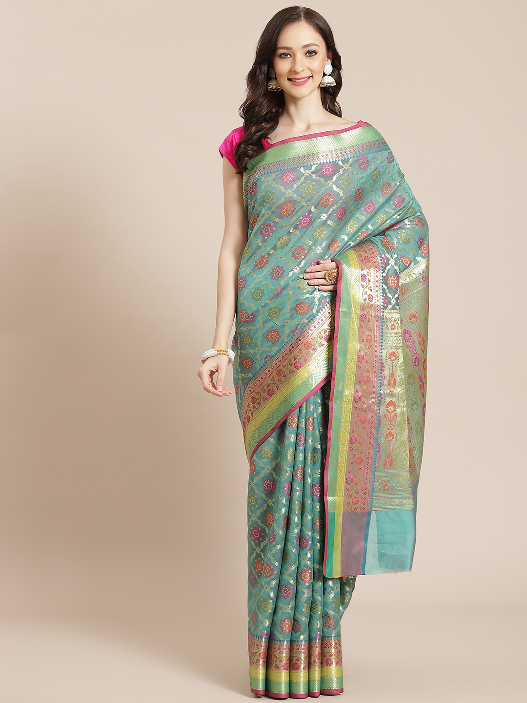 Banarasi Style Women Green & Pink Ethnic Motifs Banarasi Saree