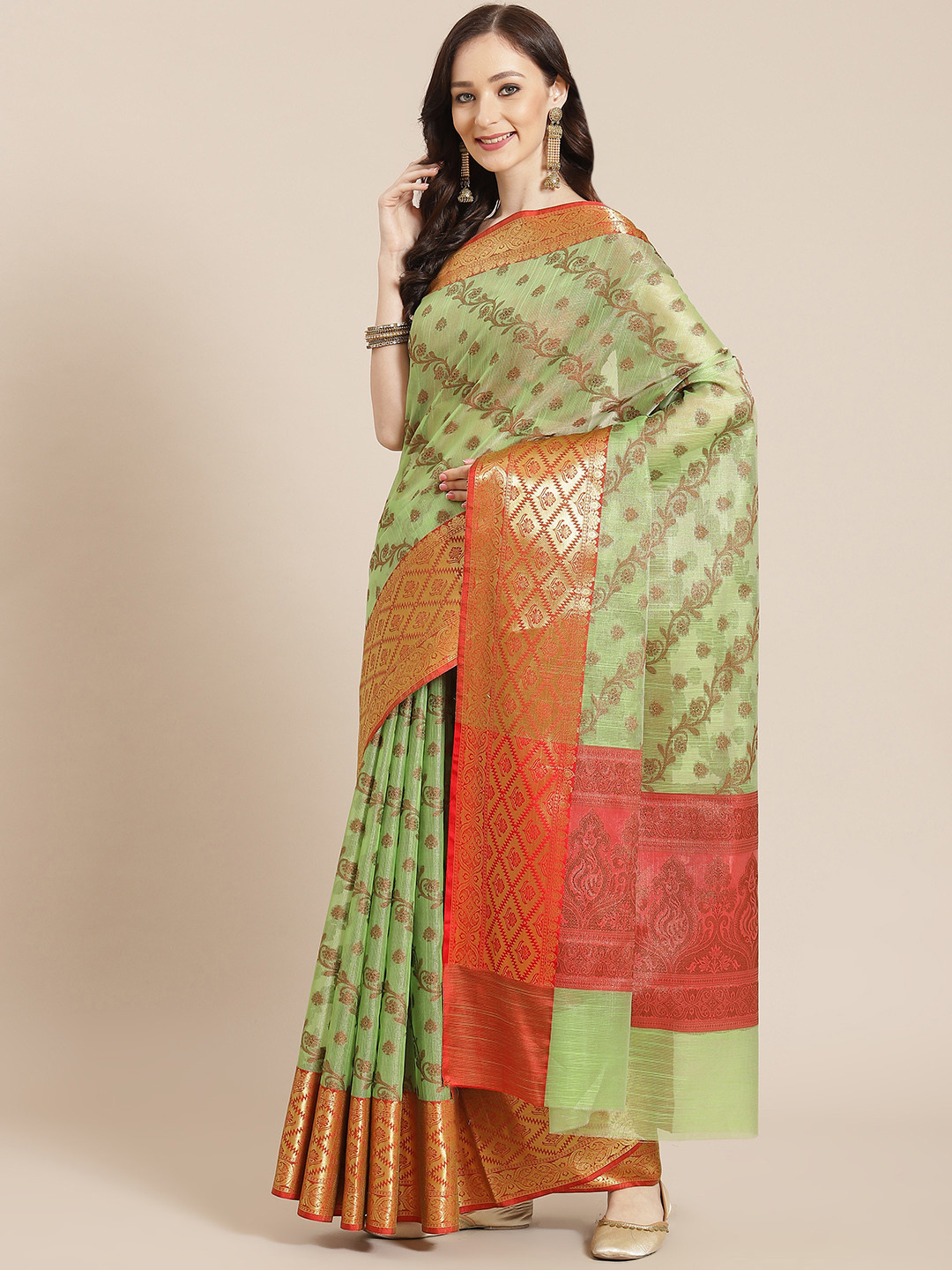 Banarasi Style Women Green & Red Ethnic Motifs Banarasi Saree