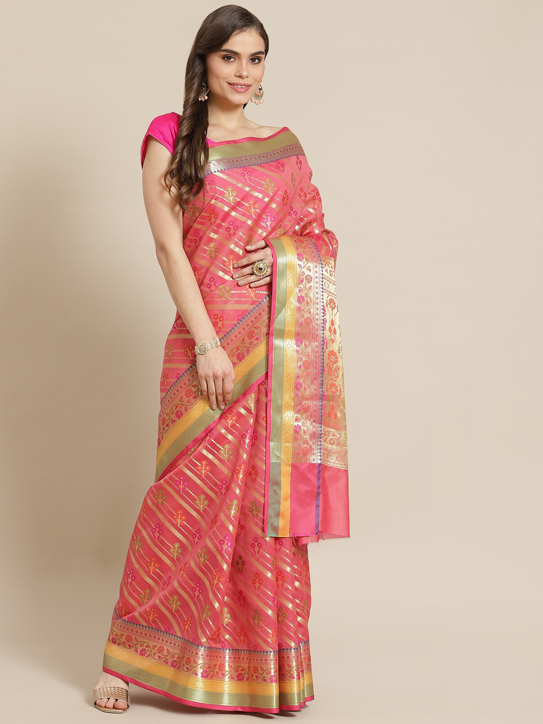 Banarasi Style Women Pink & Orange Silk Blend Woven Design Zari Banarasi Saree