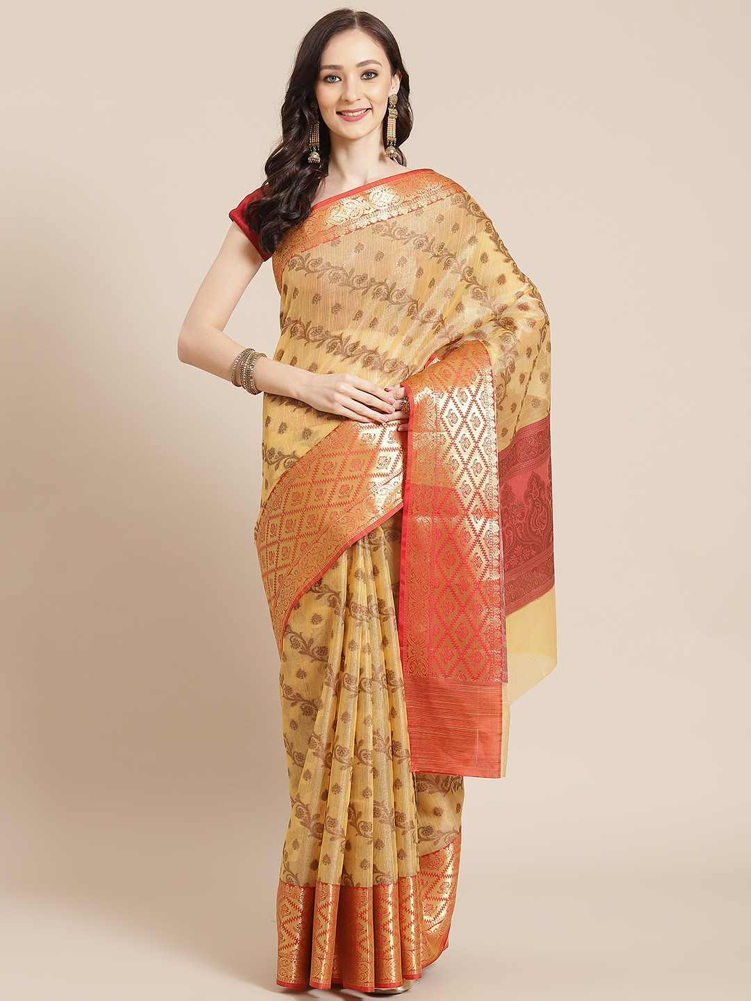 Banarasi Style Brown Floral Silk Cotton Banarasi Saree