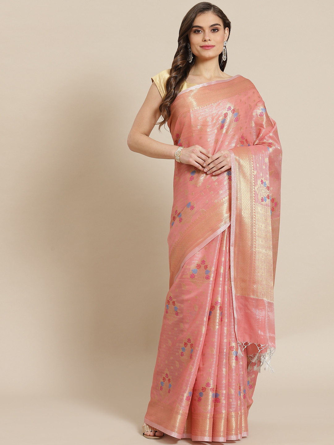 Banarasi Style Pink & Golden Tissue Woven Design Zari Banarasi Saree