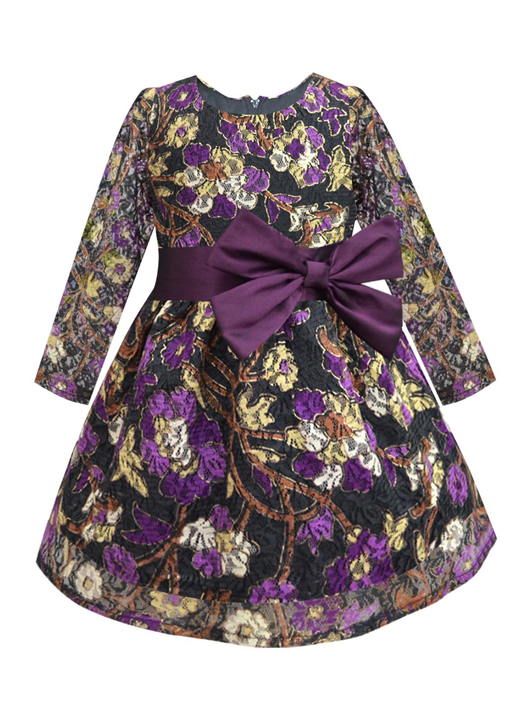 A.T.U.N. Girls Black & Purple Floral Printed Lace Fit & Flare Dress