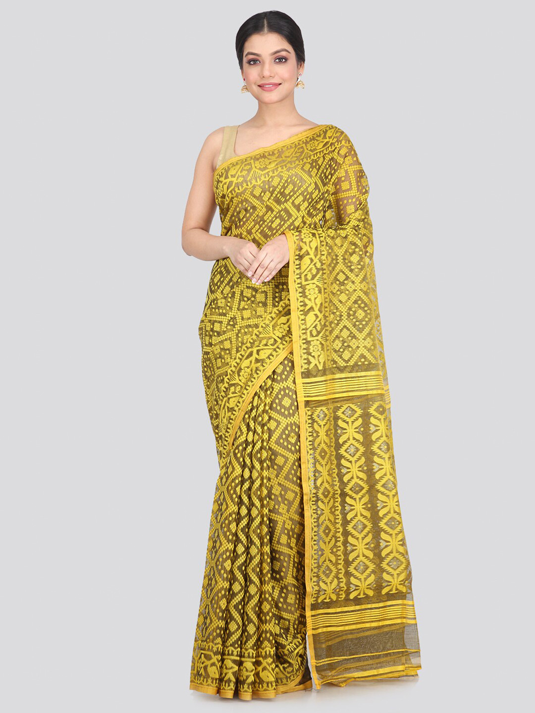 PinkLoom Yellow Woven Design Pure Cotton Jamdani Saree